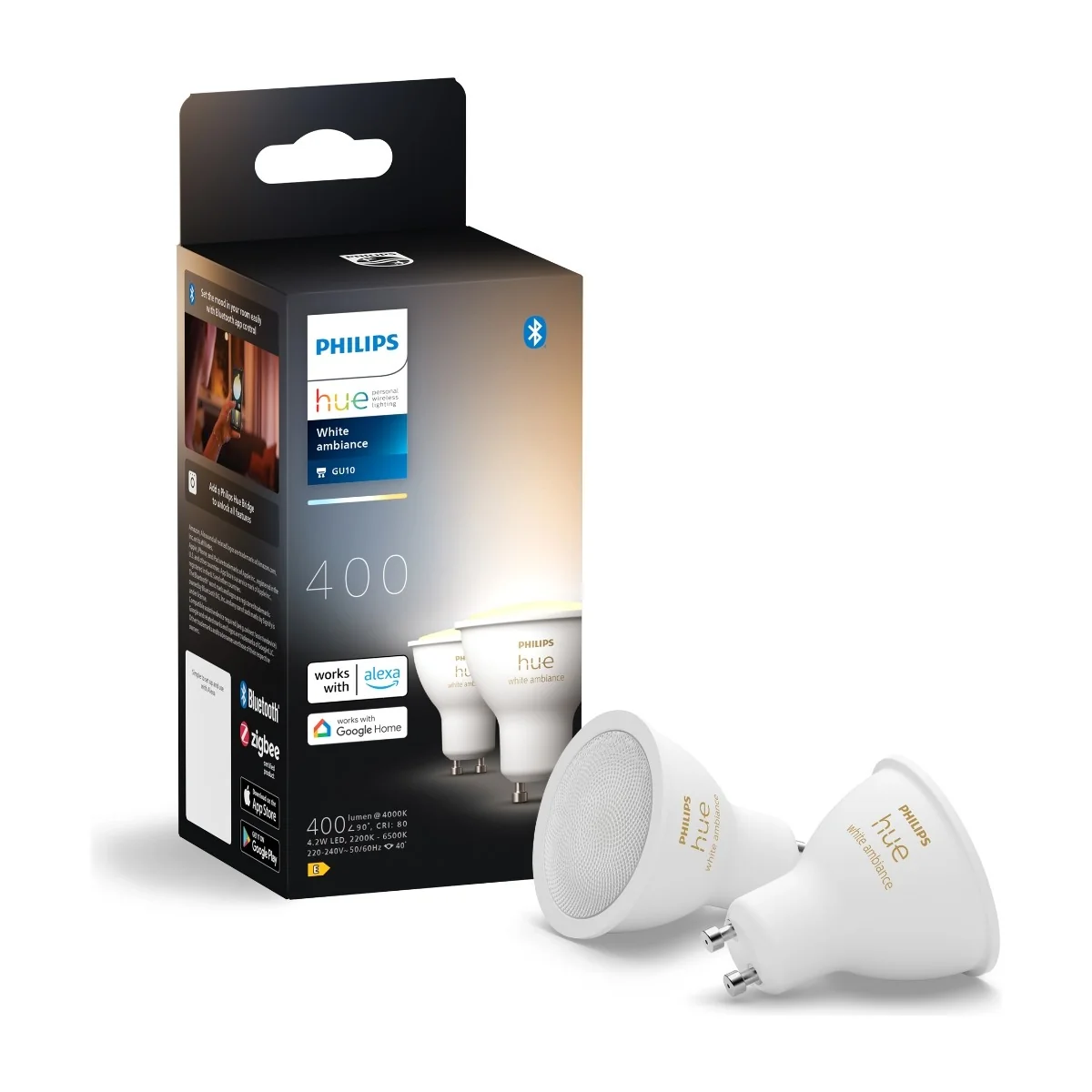 Philips Hue White Ambiance GU10 kohdelamppu (2 kpl) - valkoista valoa lämpimästä viileään 2 200-6 500 K, 400 lm, 4,2 W, Zigbee & Bluetooth, himmennettävä, ohjaus sovelluksessa & puhekomennoilla