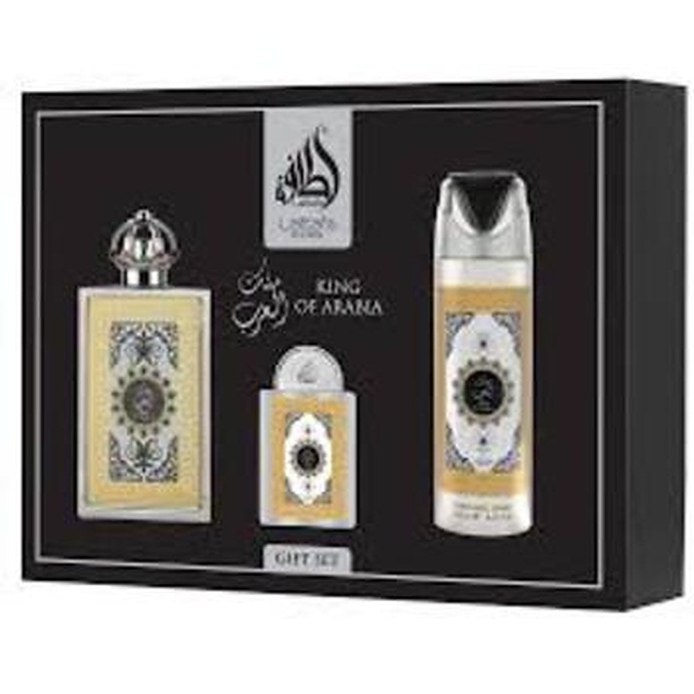 Lattafa-hajuvedet King Of Arabia - lahjapakkaus EDP 100 ml, deodoranttisuihke 200 ml ja EDP 20 ml 100 ml