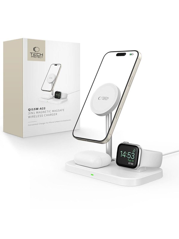 TECH-PROTECT QI15W-A22 3IN1 MAGNETIC MAGSAFE WIRELESS CHARGER WHITE