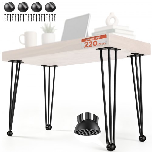 VEVOR Hairpin Table Legs 71.1 cm Black Set of 4 Desk Legs Each 99.8 kg Capacity Hairpin Desk Legs 3 Rods for Bench Desk Dining End Table Chairs Carbon Steel DIY Table Legs Heavy Duty Furniture Legs