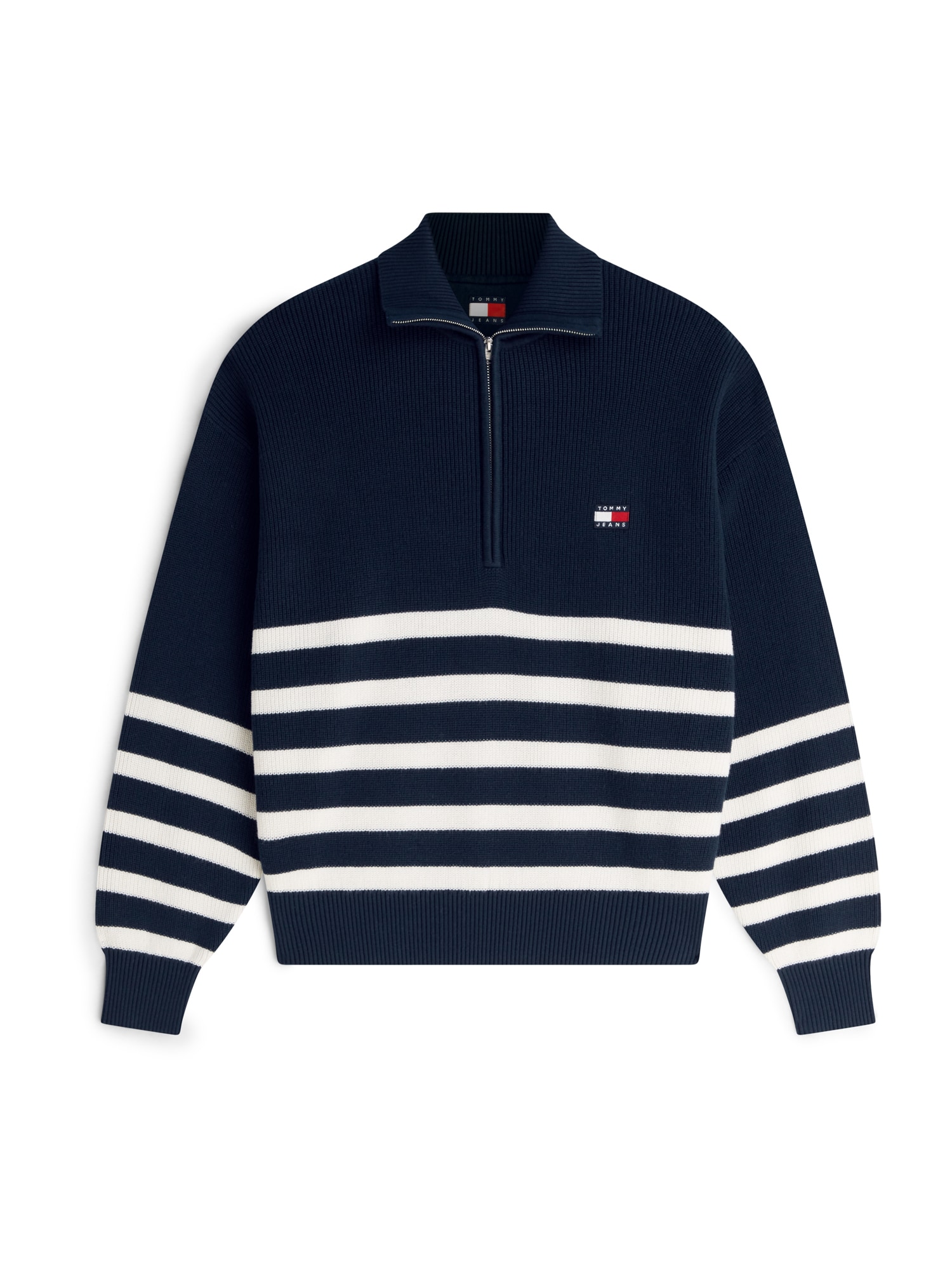 Tommy Jeans Neulepaita 'Tommy Badge Stripe Quarter-zip' marine / valkoinen