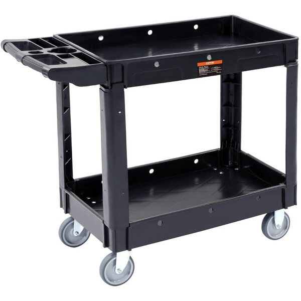VEVOR Utility Service Cart, 2 Shelf 249.5 kg Heavy Duty Plastic Rolling Utility Cart with 360° Swivel Wheels (2 with Brakes), Large Lipped Shelf, Ergonomic Storage Handle for Warehouse/Garage/Cleaning