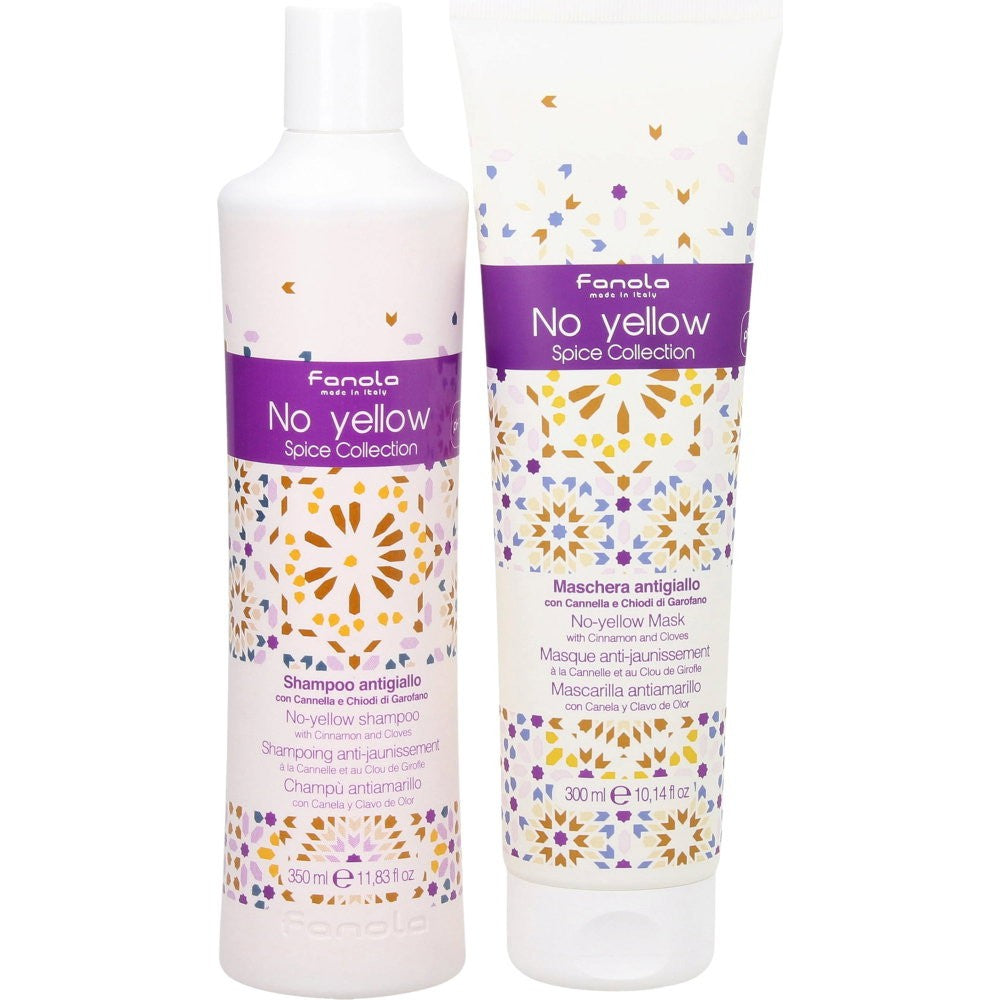 Sarja Fanola: No Yellow Spice Collection Cream -hiusnaamio keltaisten sävyjen neutralointiin 300 ml + No Yellow Spice Collection -hiusshampoo keltaist
