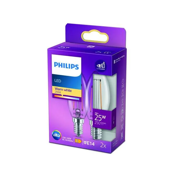 Philips LED-filamentti kynttilälamppu E14 2 W (25 W) 250 lm 2700 K 2 kpl pakkaus