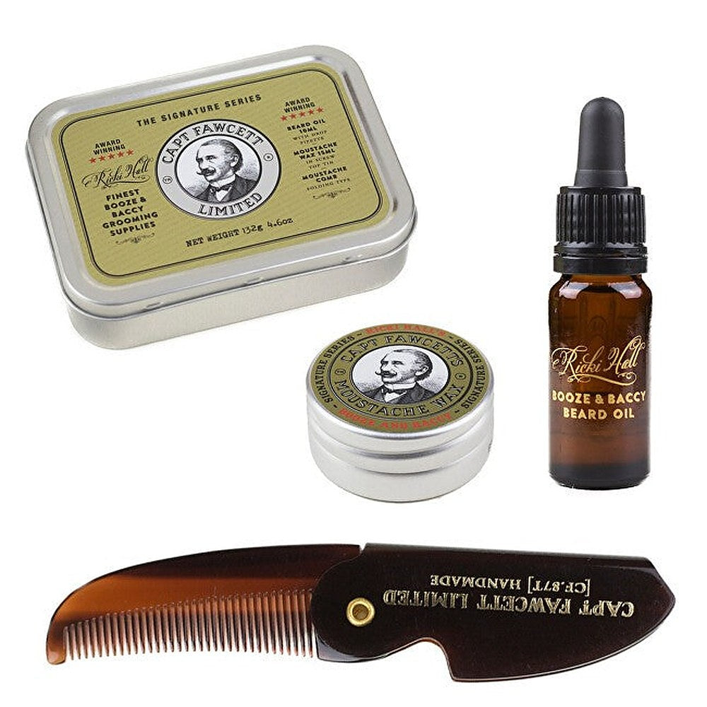 Captain Fawcett Ricki Hallin lahjarasia (parralle) miehille partaöljy 10 ml + viiksivaha 15 ml + taitettava viiksikampa 1 kpl