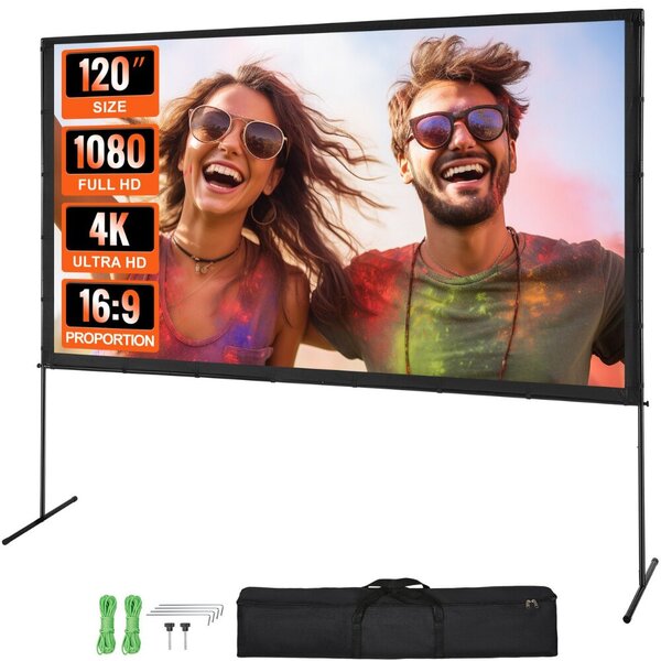 VEVOR Projector Screen with Stand, 150 inch 16:9 4K 1080 HD Outdoor Movie Screen with Stand, Wrinkle-Free Projection Screen with Tripods and Carry Bag, for Home Theater Cinema Backyard Movie Night