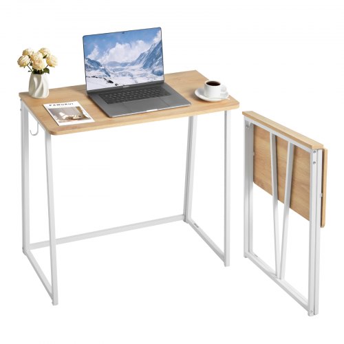 VEVOR Folding Desk, 80 cm Small Foldable Table for Compact Spaces, Space Saving Computer Table, Sturdy Particleboard with Storage Hooks, Writing Workstation for Home Office, Easy Assembly, Oak