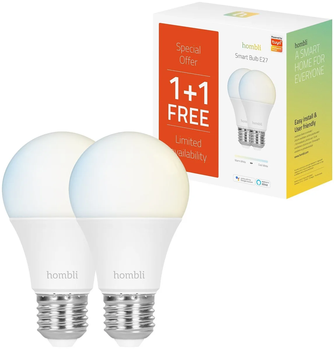 Hombli Smart Bulb E27, Älylamppu, Wi-Fi, Valkoinen, LED, Muovi, E27