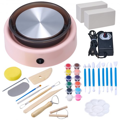 VEVOR Mini Pottery Wheel, 158 mm Turntable, Forward and Reverse Rotation, Adjustable Speed, Electric Clay Wheel for Kids and Beginners, with Shaping Tools, for Home DIY, Pottery Classes, Pink