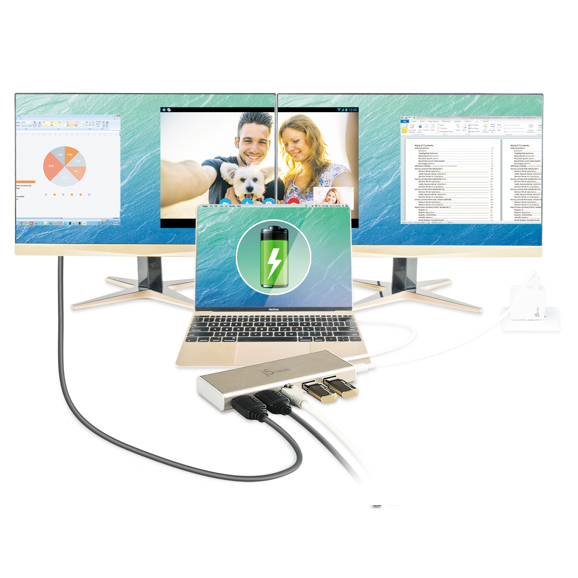 j5create - telakointiasema - USB-C - 2 x HDMI - GigE