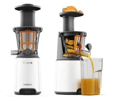 Kenwood PureJuice One JMP400WH -mehupuristin, 140 W, 1 l mehukannu, 1,3 l massa-astia, musta/valkoinen