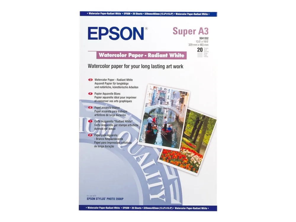 Epson WaterColor Paper - Radiant White, DIN A3+, 190 g/m², 20 arkkia, Mustesuihkutulostus, A3+ (330x483 mm), Matta, 20 arkkia, 190 g/m², Valkoinen