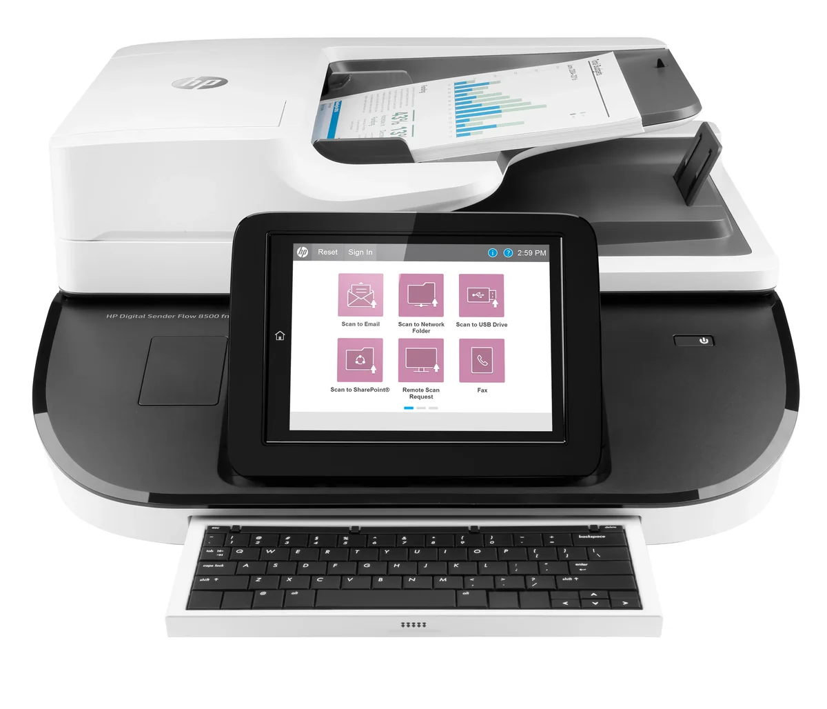 HP Flow 8500 fn2, 600 x 600 DPI, Tasopinta- ja ADF-skanneri, CSV, HTML, JPG, OCR, PDF, RTF, TIFF, TXT, XPS, 10000 sivua kuukaudessa, 3584 MB, Yritys