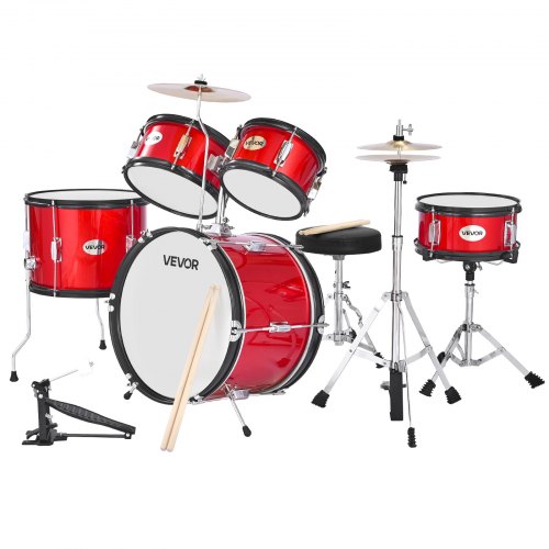 VEVOR Kids Drum Set, 5-Piece 16 in / 406.4 mm Junior Drum Sets, Beginner Drums Set with Adjustable Throne and Two Pairs of Drumsticks, Musical Learning Drums Instruments Kit, for Children Ages 6-13 (Red)