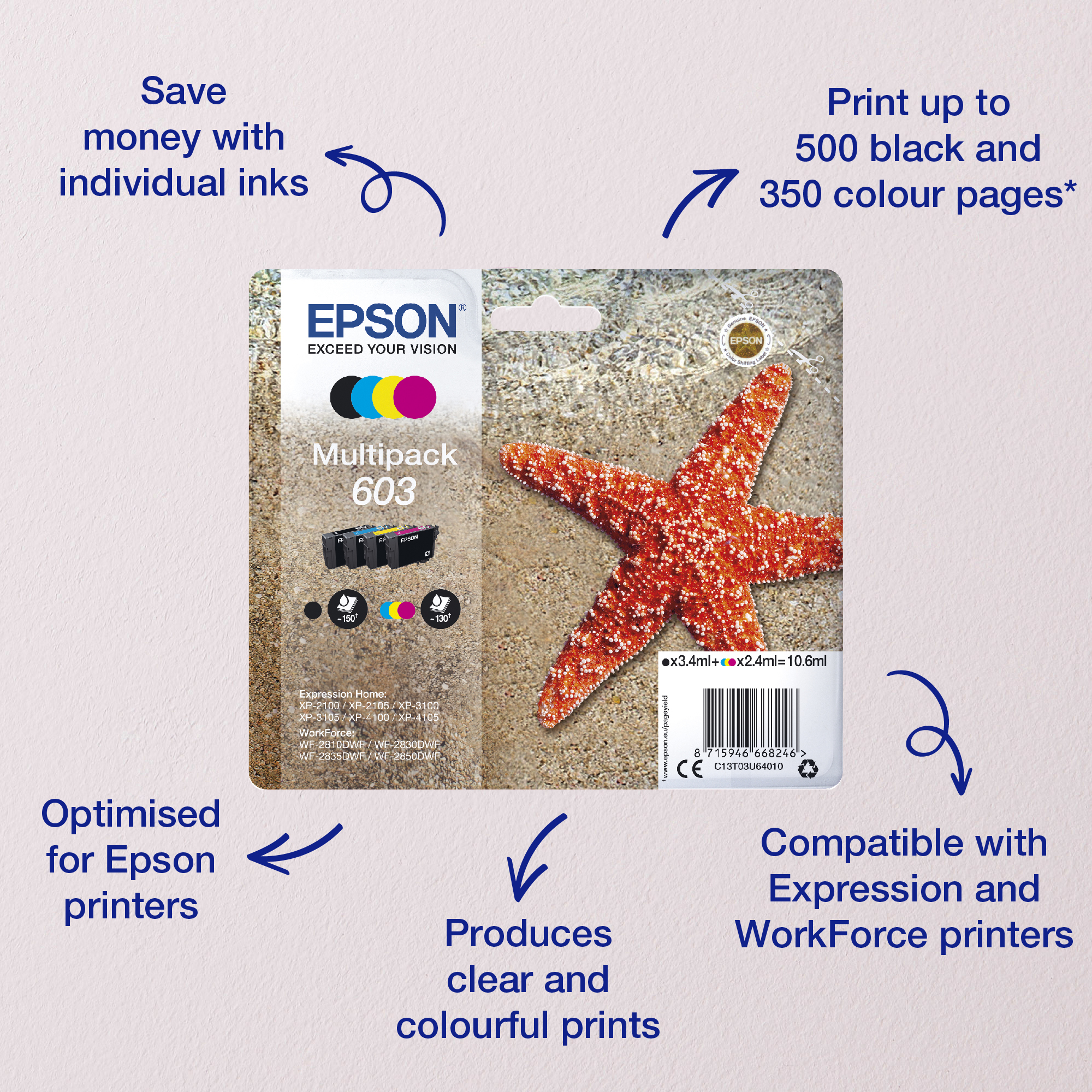 Epson Multipack 4-colours 603 Ink, Perusvärintuotto, Musta, Syaani, Magenta, Keltainen, 3,4 ml, 2,4 ml, 1 kpl, 150 sivua