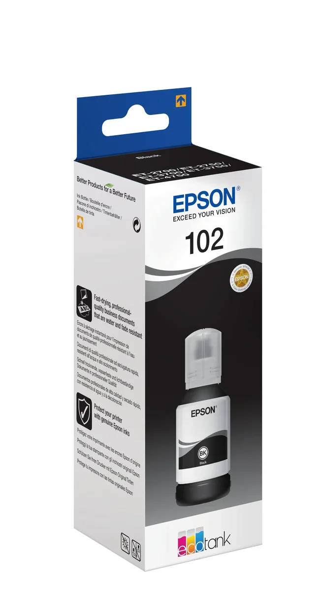 Epson 102 EcoTank Pigment Black ink bottle, Alkuperäinen, Musta, Epson, - EcoTank ET-4750 - EcoTank ET-3750 - EcoTank ET-3700 - EcoTank ET-2750 - EcoTank ET-2700, 127 ml, Mustesuihkutulostus