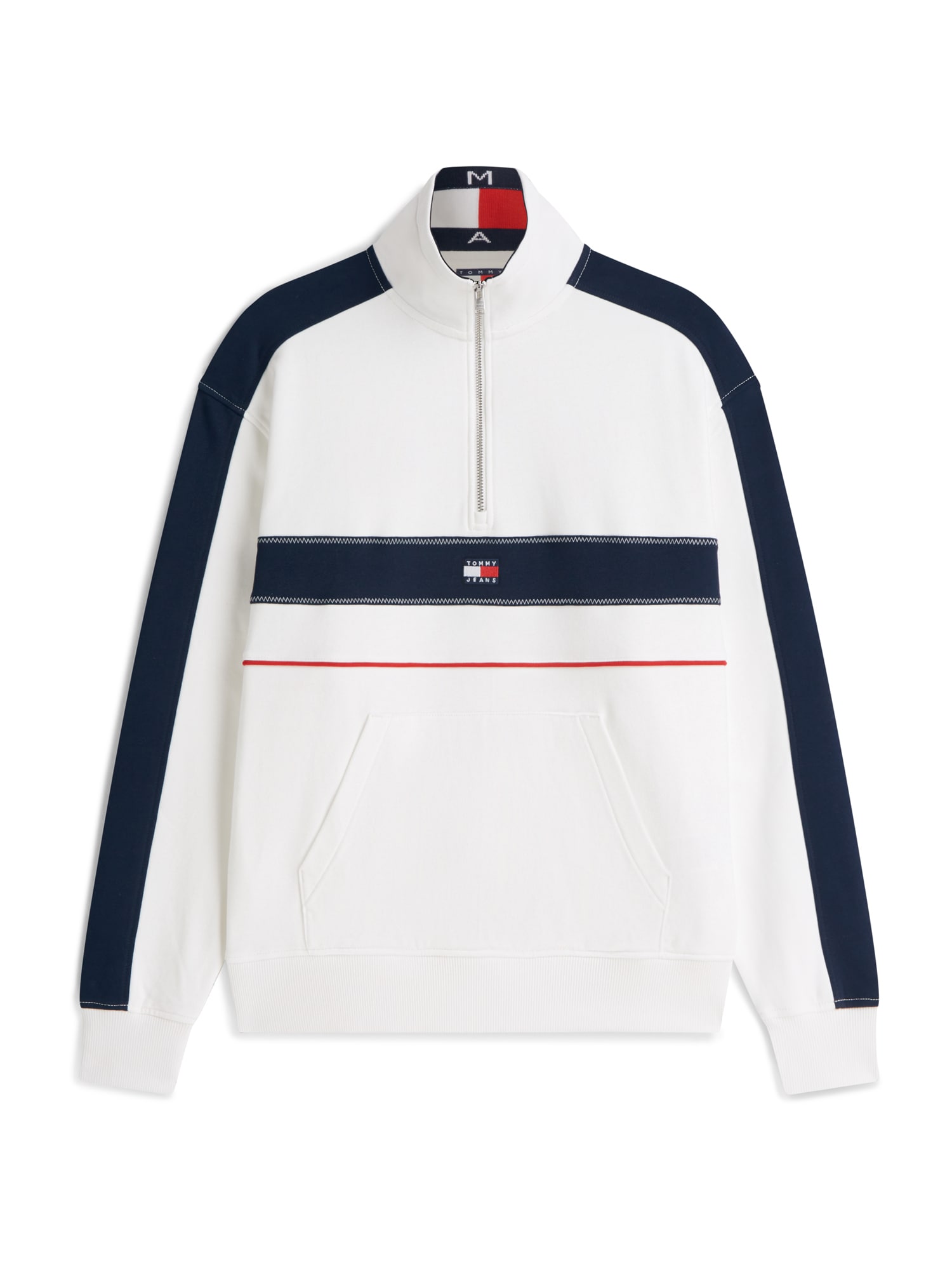 Tommy Jeans Collegepaita 'Colour-blocked Quarter-zip Relaxed' laivastonsininen / kirkaanpunainen / valkoinen