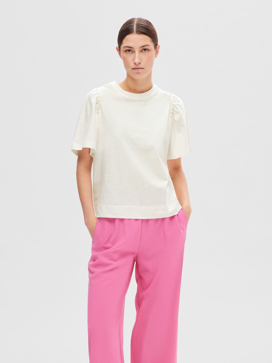 Selected Femme Naisten T-Paita, SLFPENELOPE 2/4 RUFFLE TEE Snow White