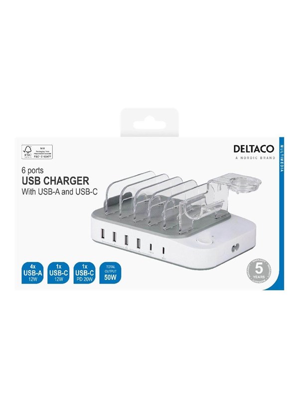 Deltaco DPS-0203 latausasema - 4 x USB 2 x USB-C - 50 wattia