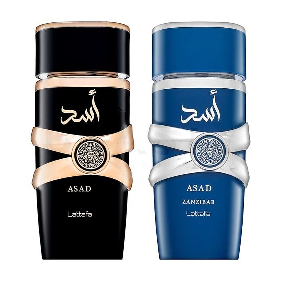 Lahjapakkaus Lattafa Asad-tuoksuilla: Asad EDP 100 ml ja Asad Zanzibar EDP 100 ml sekä 200 ml.
