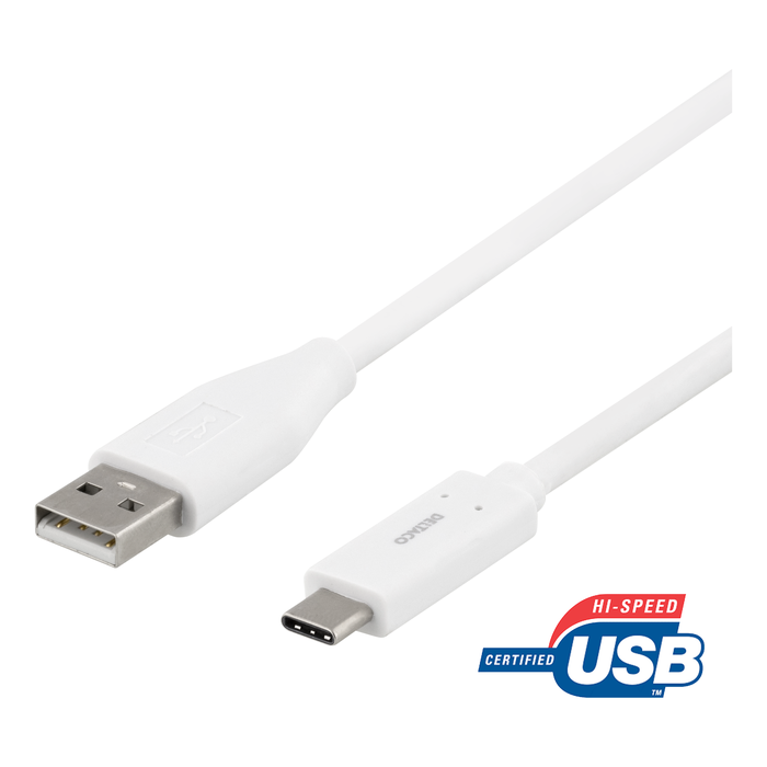 DELTACO USB-C - USB-A-kaapeli, 1m, 3A, USB 2.0, valkoinen