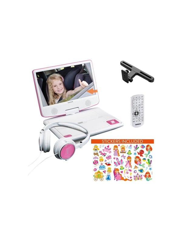 Kannettava 9" DVD-soitin USB:llä ja kuulokkeilla - Vaaleanpunainen/Valkoinen
