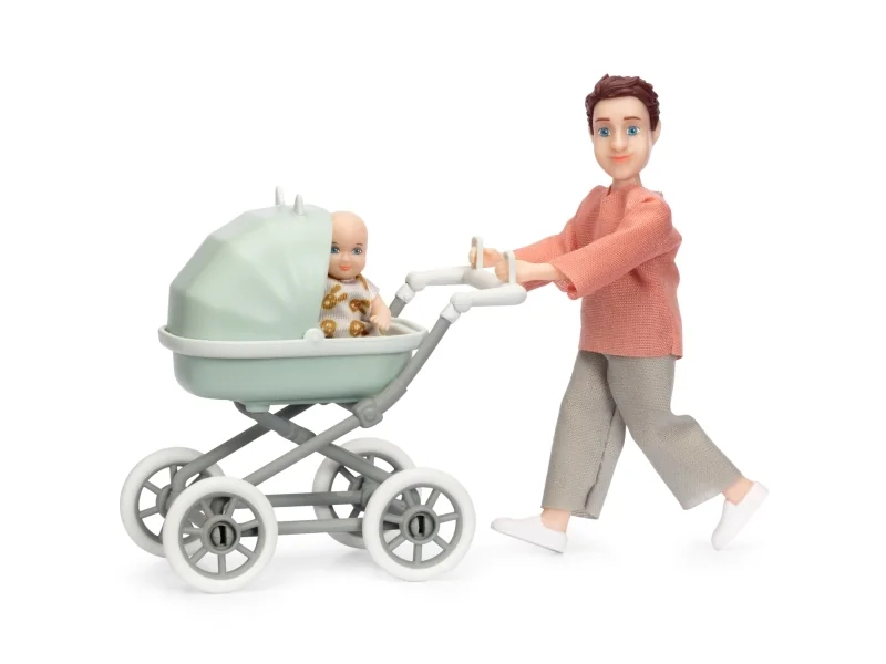Lundby far m/baby i barnevogn aftageligt tøj