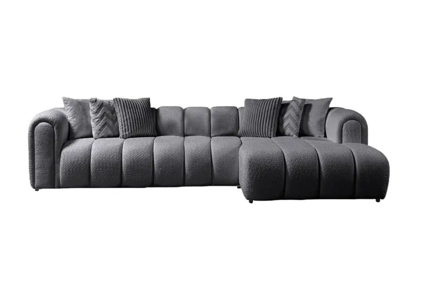 Norda Design Tyylikäs tummanharmaa kulmasohva, 265x185 cm, 7 tyynyä, helposti puhdistettava verhoilu, 240 kg kantavuus | Moderni mukavuus