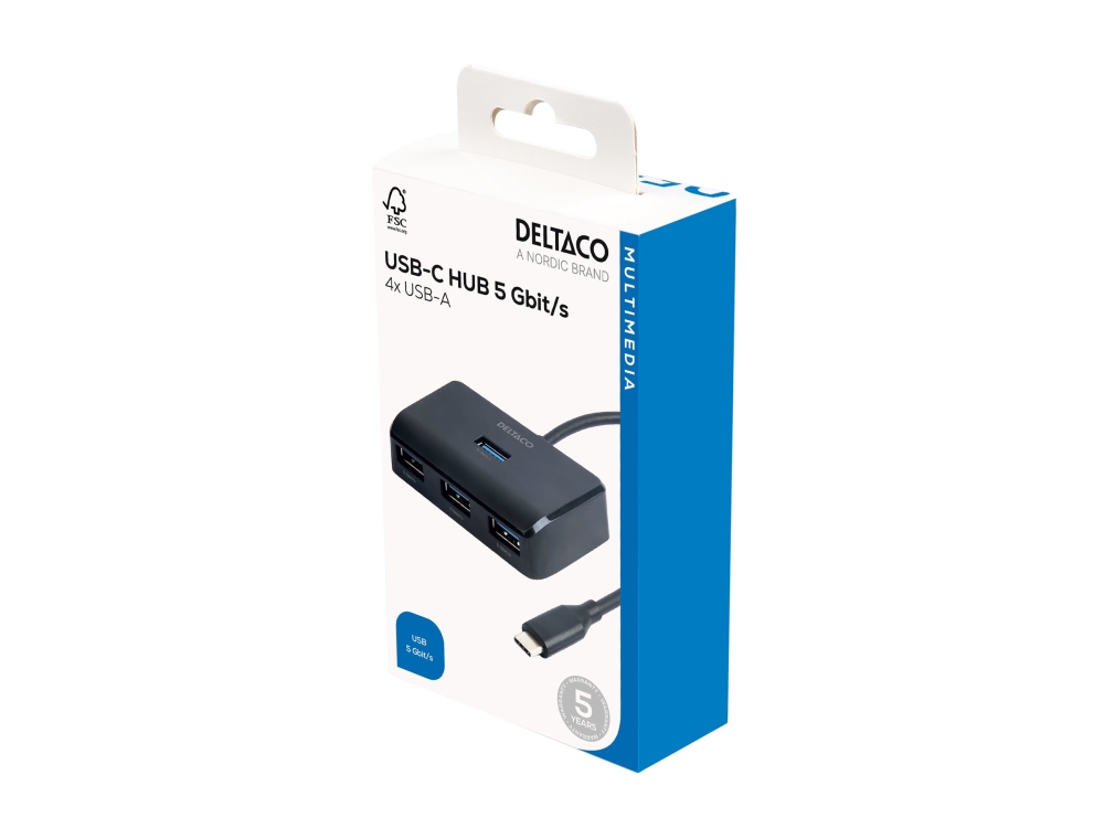 Deltaco USB-C-keskitin, 4 USB-A-porttia, 5 Gbit/s, lisävirtalähde, musta, USB Type-C, USB 3.2 Gen 1 (3.1 Gen 1) Type-A, 5000 Mbit/s, Musta, Pyöreä kaapeli, Kiina