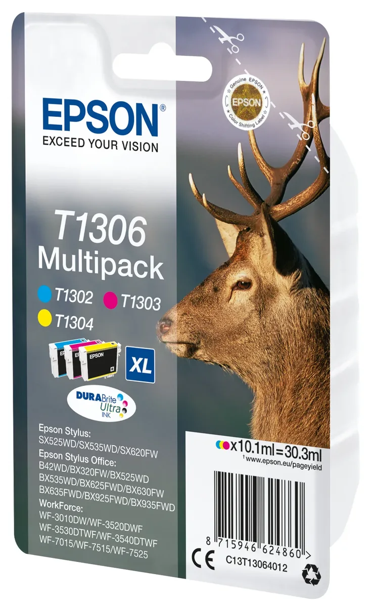 Epson T1306 XL-mustekasettipakkaus, cyaani, magenta, keltainen, 3 kpl