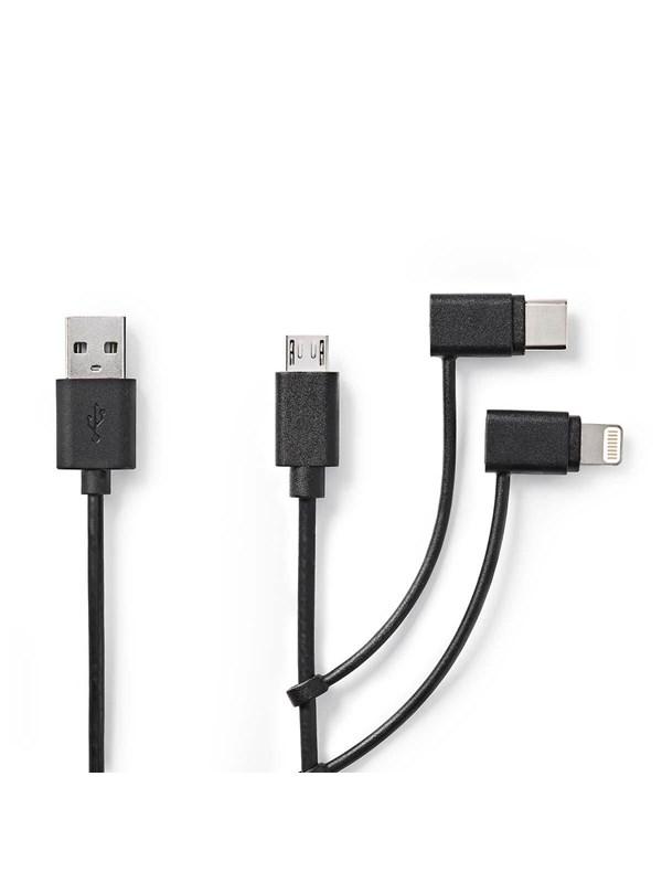 Nedis 3 in 1 kaapeli | USB 2.0 | USB-A Uros | Apple Lightning 8-Pin / USB Micro-B Uros / USB-CTM Uros | 480 Mbps | 1.00 m | Niklattu | Pyöreä | PVC | Musta | Label