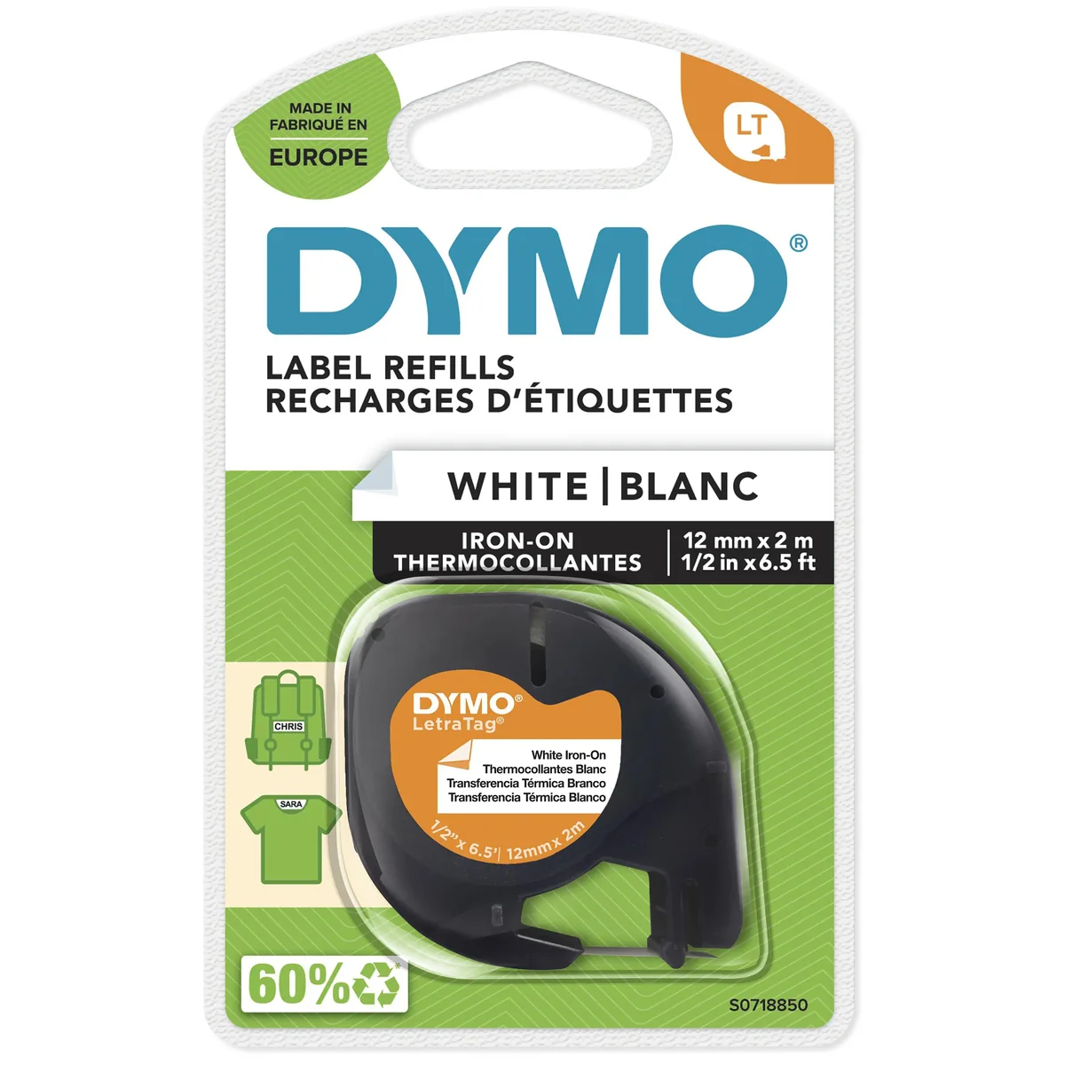 DYMO LT silitettävät kangasteipit, 12 mm x 2 m rulla, musta painatus valkoisella, LetraTag-tulostimille