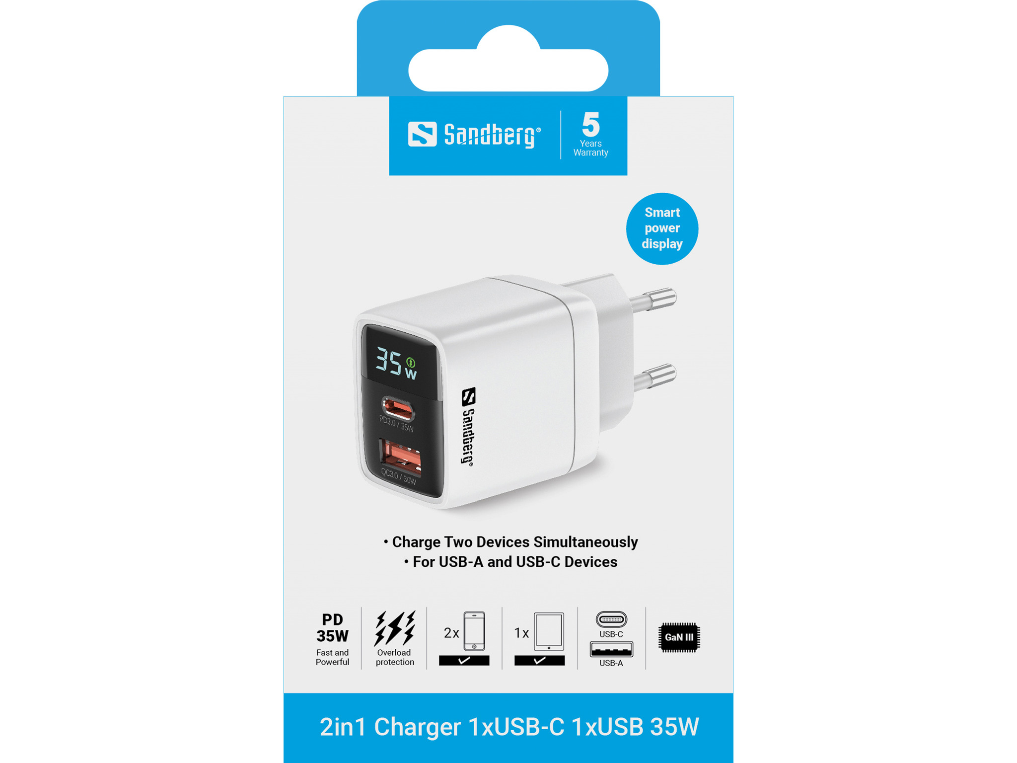 Sandberg 35w Charger 1xUSB-C 1xUSB 35W