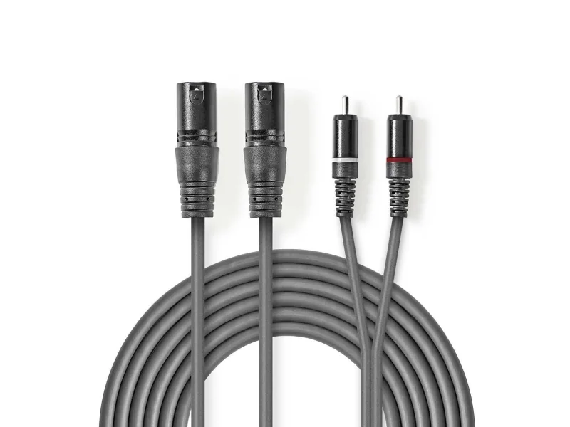 Nedis COTH15210GY30, 2 x XLR (3-nastainen), urosliitin, 2 x RCA, urosliitin, 3 m, harmaa
