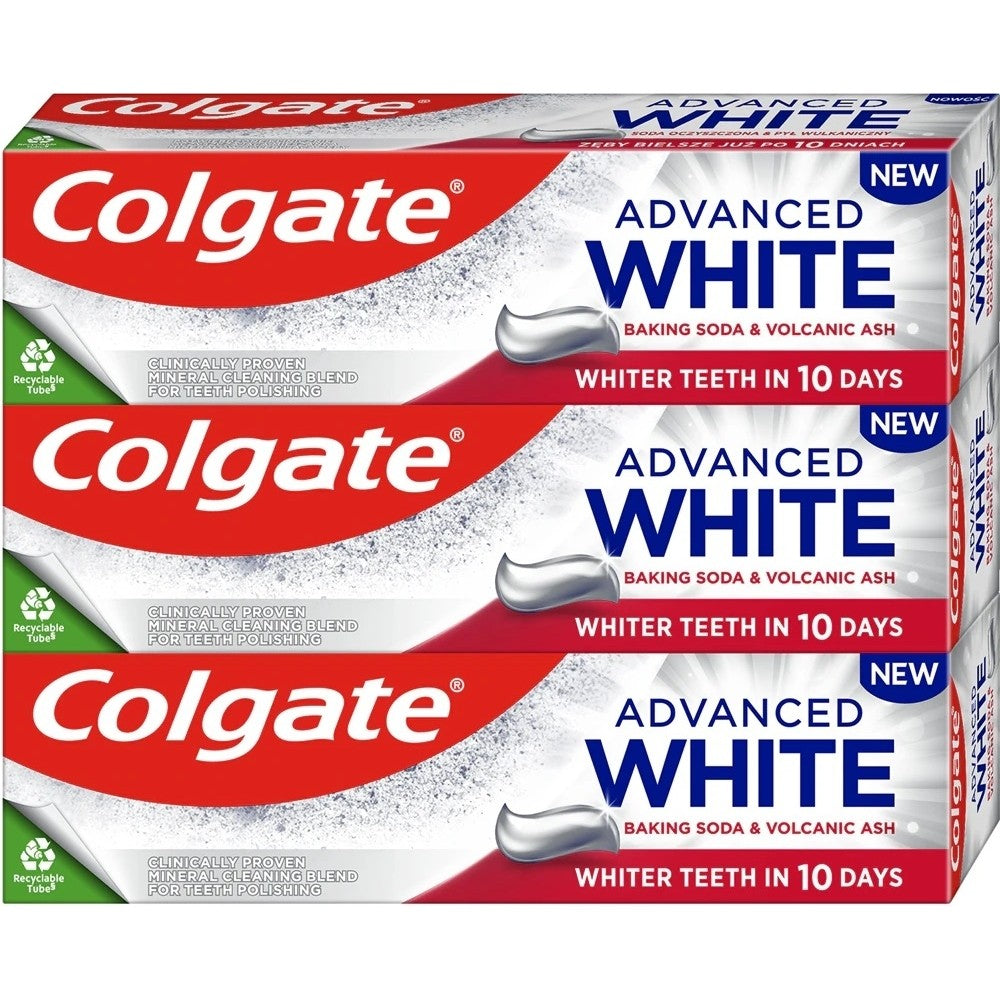 Colgate Edistyksellinen valkoinen ruokasooda ja vulkaaninen tuhka -valkaiseva triohammastahna 3 x 75 ml