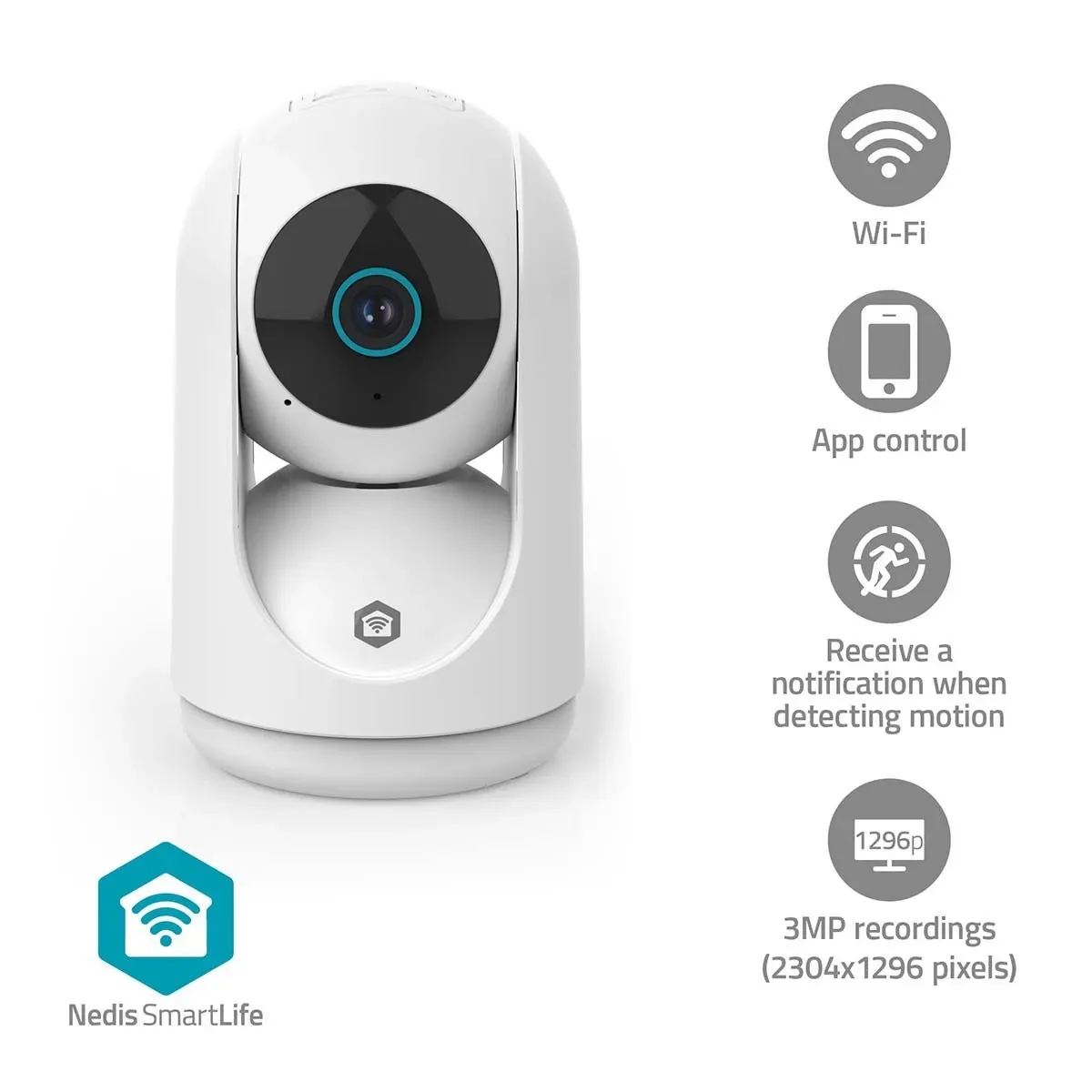 Nedis SmartLife Indoor Camera Wi-Fi 3MP Full HD 1296p Pan tilt Cloud Storage (option) / microSD (not included) / Onvif With motion sensor Night vision White