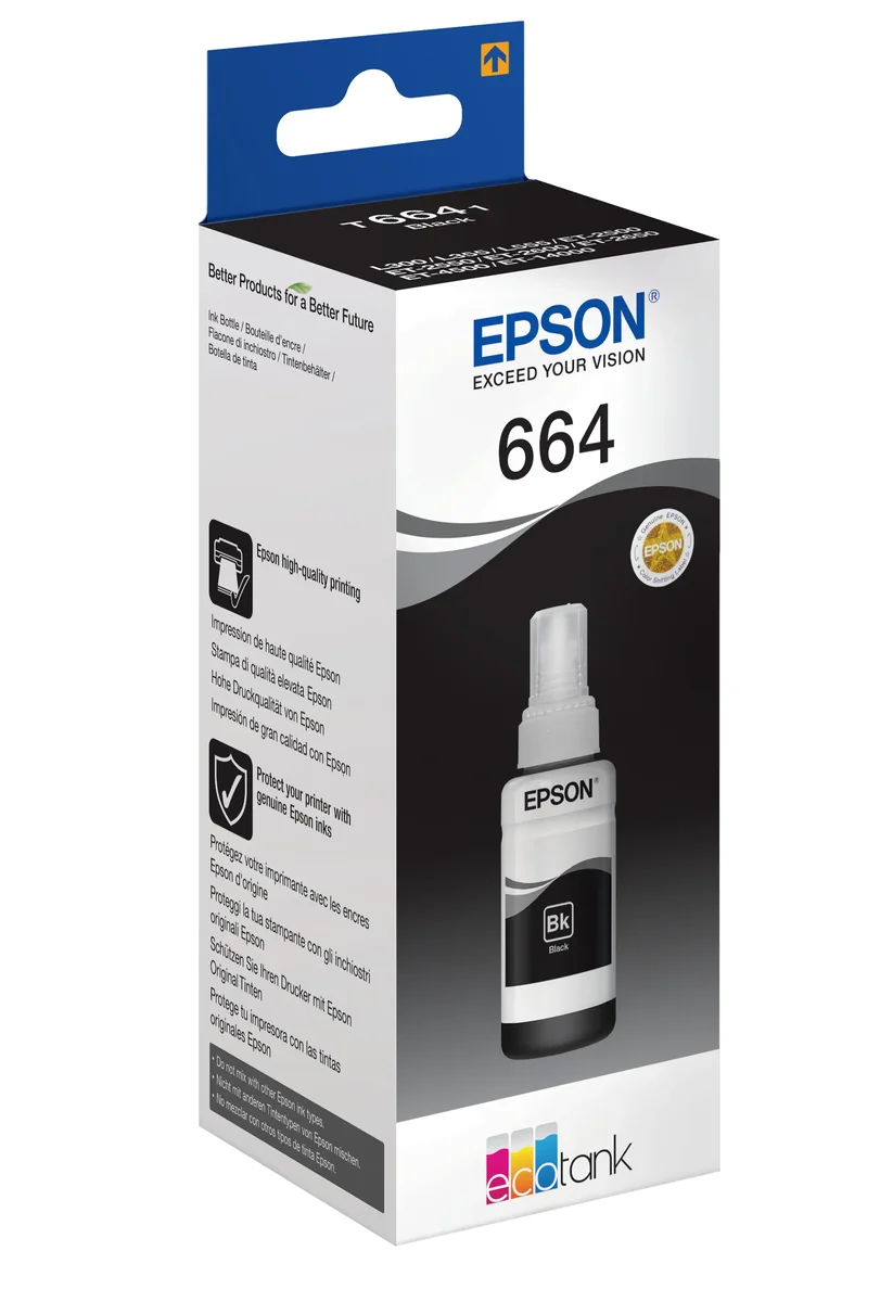 Epson 664 EcoTank -mustepullo, musta, Alkuperäinen, Musta, Epson, EcoTank L555 EcoTank L355 EcoTank ET-4550 EcoTank ET-4500 EcoTank ET-3600 EcoTank ET-2650 EcoTank..., 70 ml, Harmaa