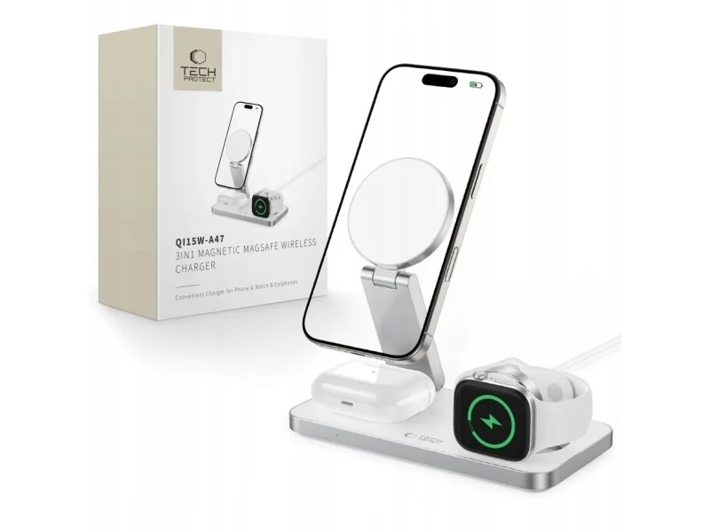 Tech-Protect QI15W-A47 3in1 magneettinen MagSafe langaton laturi valkoinen