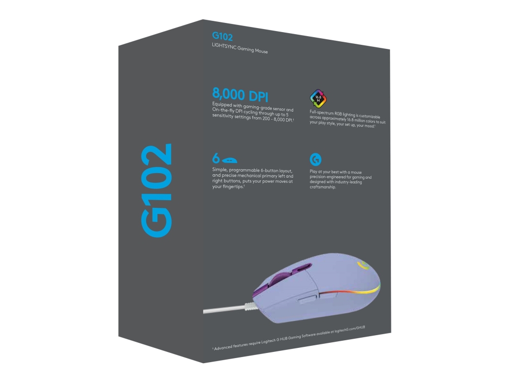 Logitech G102 LIGHTSYNC - Lilakki - Pelihiiri - Optinen - 6 painiketta - Violetti RGB-valolla
