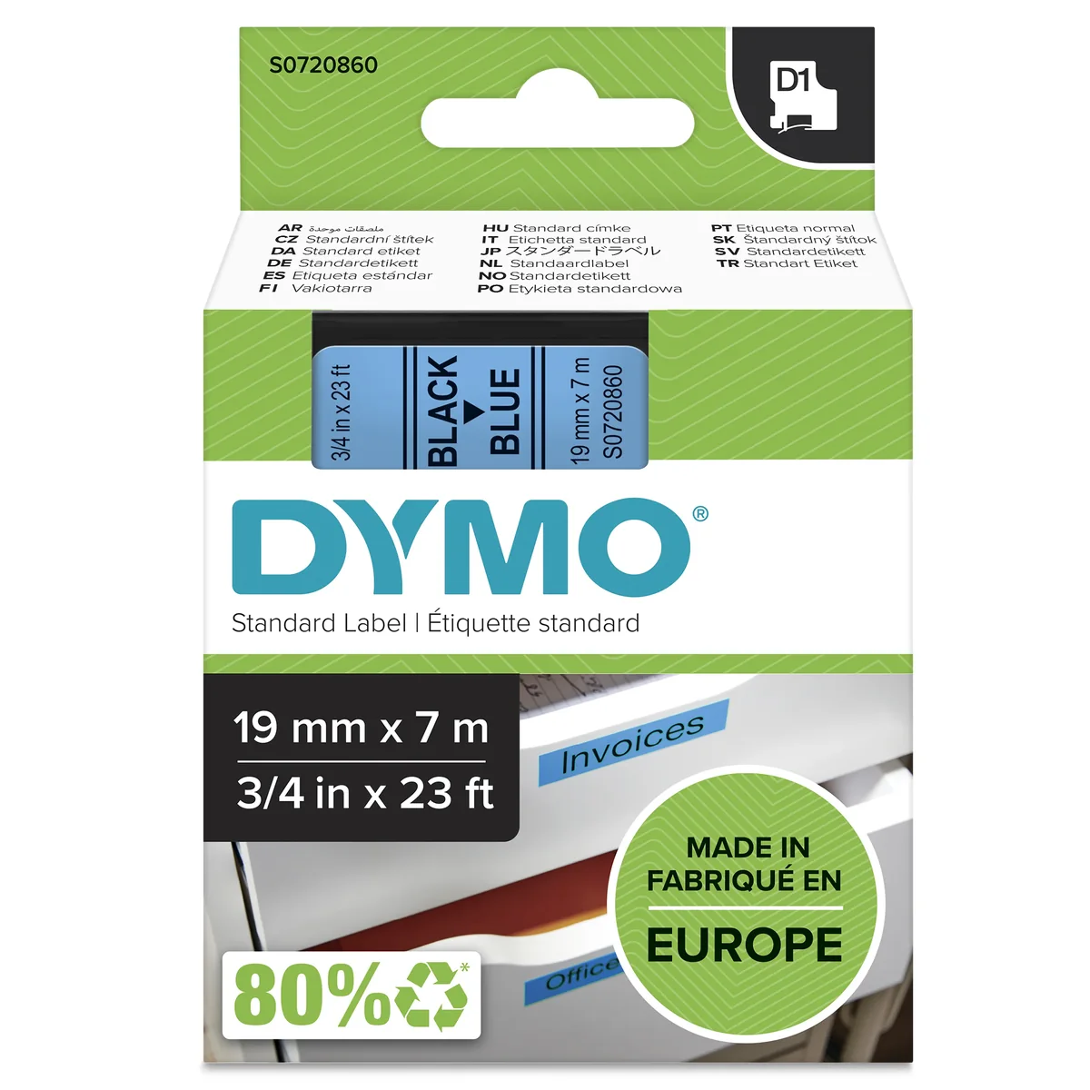 DYMO D1 -teipit, 19 mm x 7 m, musta teksti siniselle, itseliimautuvat teipit LabelManager-tarratulostimille, aito