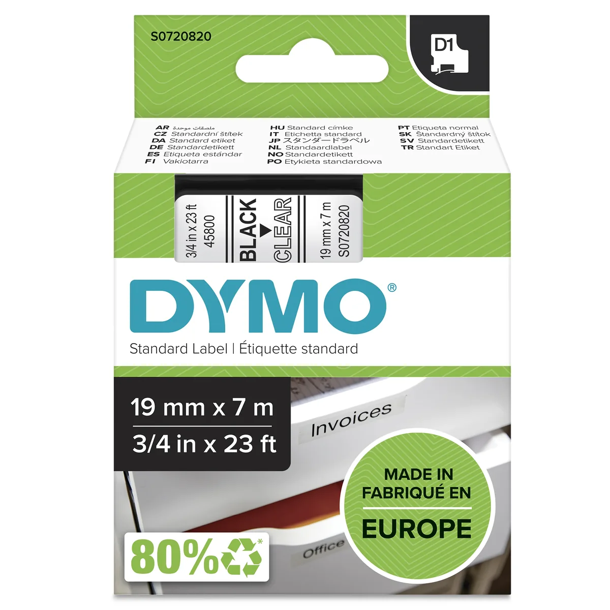Dymo Tape D1 19mm Musta/läpinäkyvä