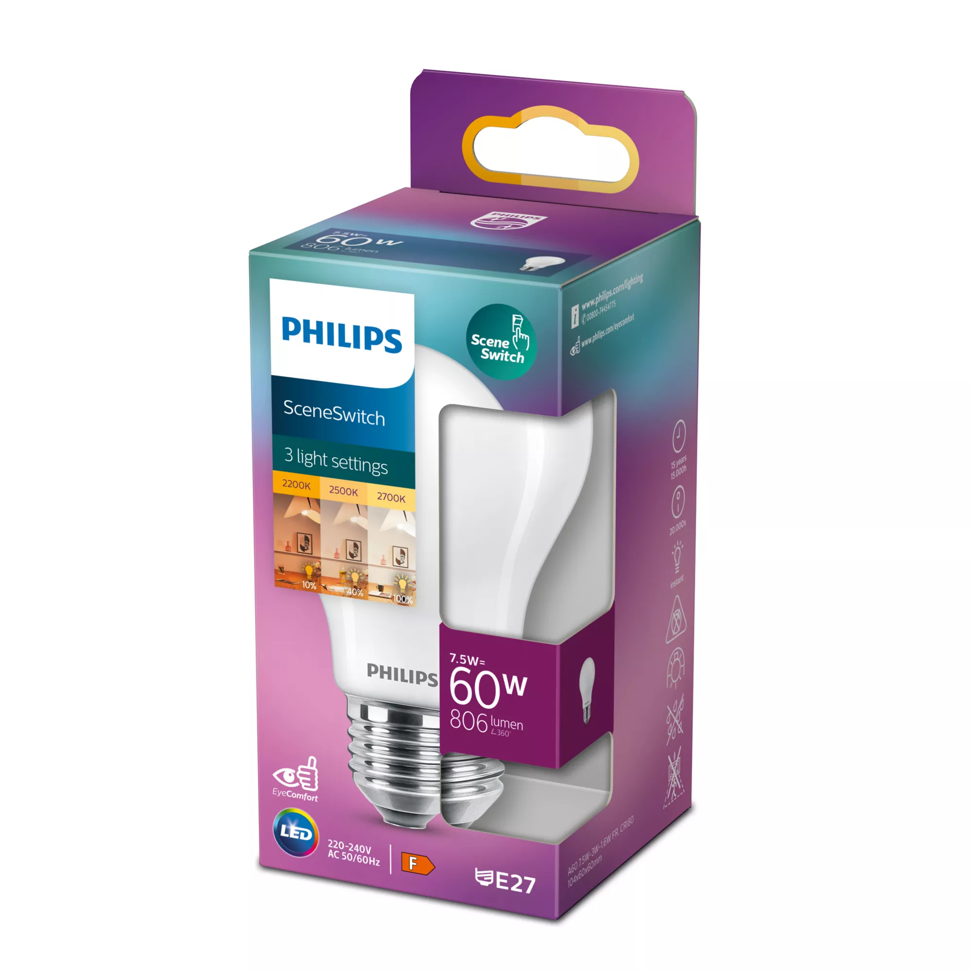 Philips SceneSwitch E27 A60 LED-lamppu 7,5W (60W) 806lm Lämmin valkoinen Huurre