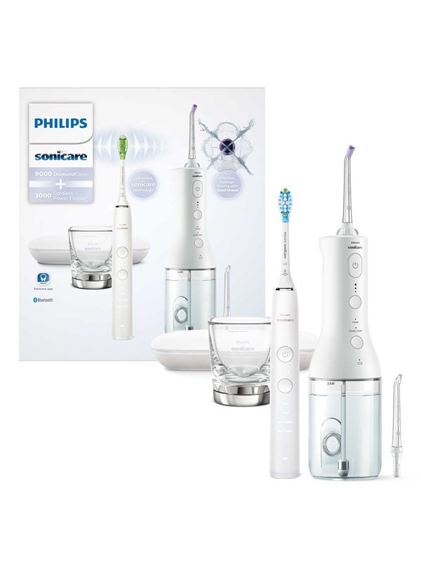 Philips Cordless Power Flosser 3000 HX3886/41 DiamondClean 9000, Aikuinen, Sonic-hammasharja, Päivittäinen käyttö, Syväpuhdistus, Ienhoito, Valkaisu, Valkoinen, Ergonominen, Akku