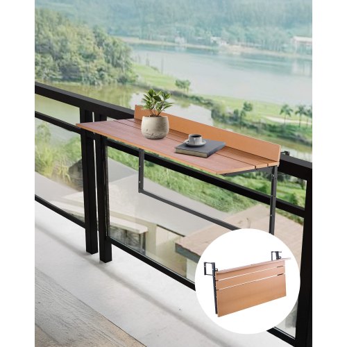 VEVOR Balcony Hanging Table, 15 x 39 in Folding Balcony Railing Table, Outdoor Balcony Bar Table for Railings, 5-Level Adjustable, Fit Railing from 1" to 5.3", Serving Table for Patio & Deck
