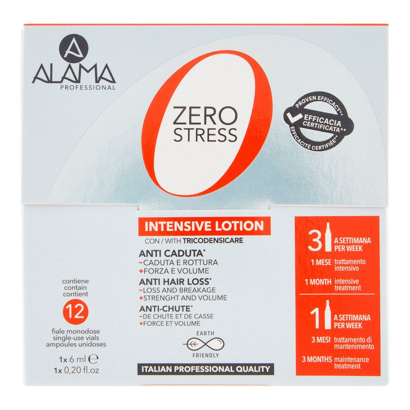 Alama Professional nolla stressiä estävät hiustenlähtöä estävät injektiopullot kaikille hiustyypeille 12 x 6 ml