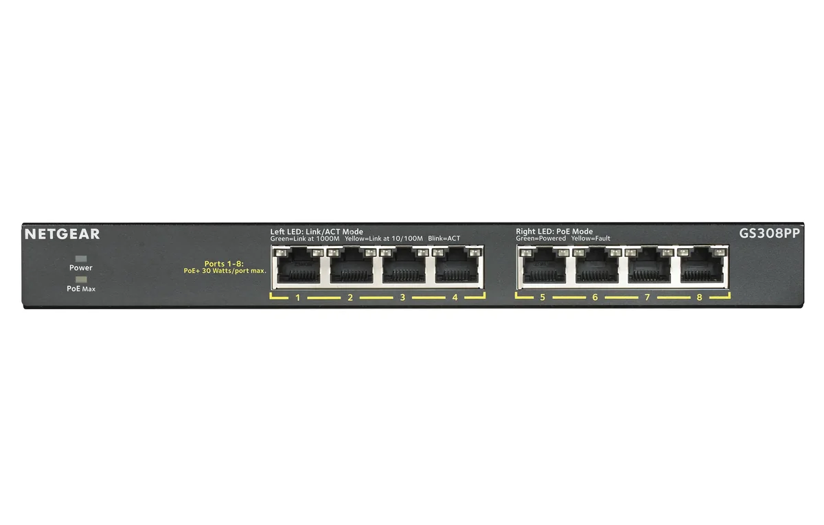 NETGEAR GS308PP - 8-porttinen hallitsematon Gigabit Ethernet Power over Ethernet Plus -kytkin, musta