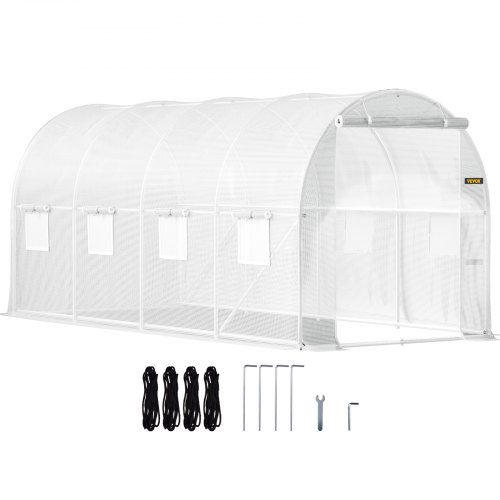 VEVOR Walk-in Tunnel Greenhouse, 457.2 x 198.12 x 213.4 cm Portable Plant Hot House w/ Galvanized Steel Hoops, 1 Top Beam, 2 x Diagonal Poles, 2 Zippered Doors & 8 Roll-up Windows, White