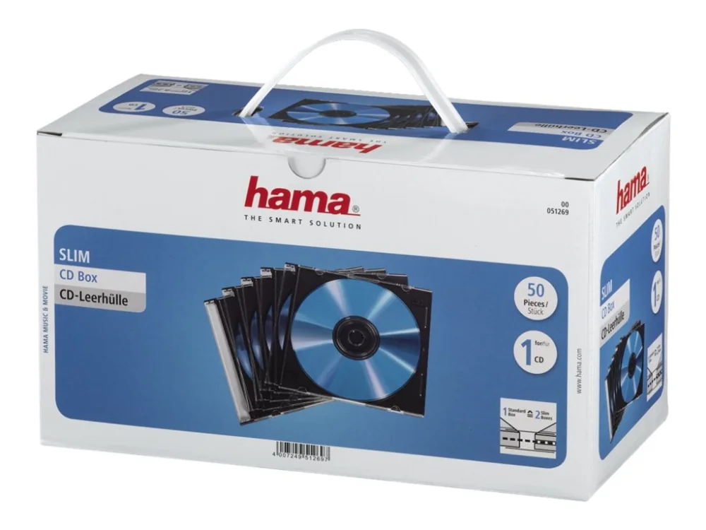 Hama CD Slim Jewel Case, pack 50 Pcs, 1 levyt, Läpinäkyvä, 270 mm, 155 mm, 130 mm, 1,95 kg