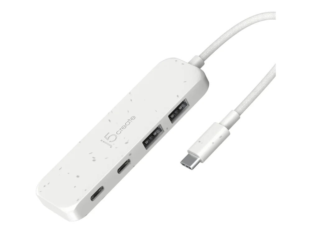 j5create Ympäristöystävällinen USB-C - 4 porttinen Type-C ja Type-A Gen 2 -keskitin, USB 3.2 Gen 1 (3.1 Gen 1) Type-C, USB 3.2 Gen 2 (3.1 Gen 2) Type-A, USB 3.2 Gen 2 (3.1 Gen 2) Type-C, 10000 Mbit/s, Valkoinen, Akryylinitriilibutadieenistyreeni (ABS), Kierrätetty muovi, Kiina