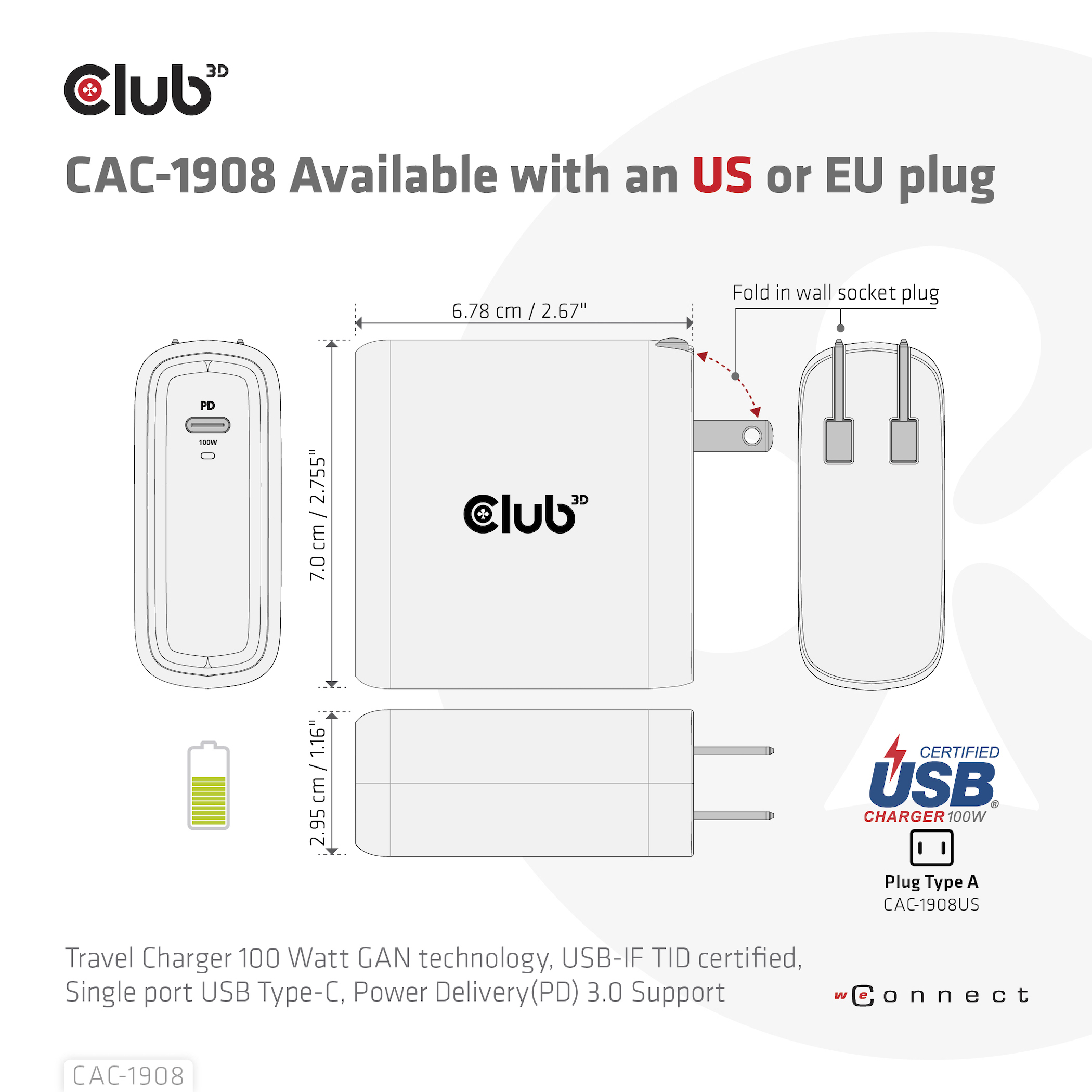 Club 3D 100W GaN USB-C PD 3.0 -virtalähde, musta